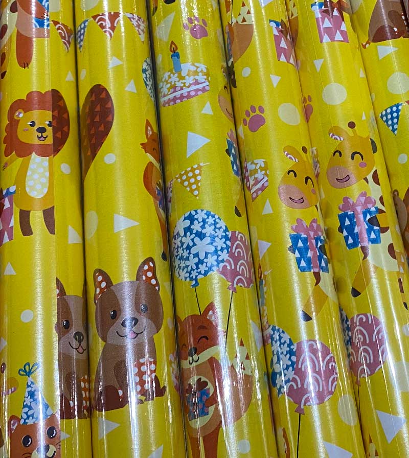 Geschenkpapier Rolle gelb Tiere