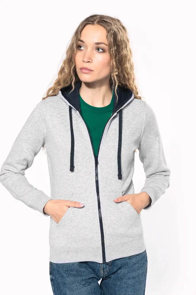 DAMEN-KAPUZENSWEATSHIRT BICOLOR mit Reißverschluss (K467) (XS, Black / Fine Grey, ohne Druck)