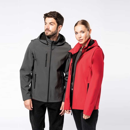 [ls-K422] 3-lagige Unisex-Softshell-Jacke mit Kapuze und abnehmbaren Ärmeln